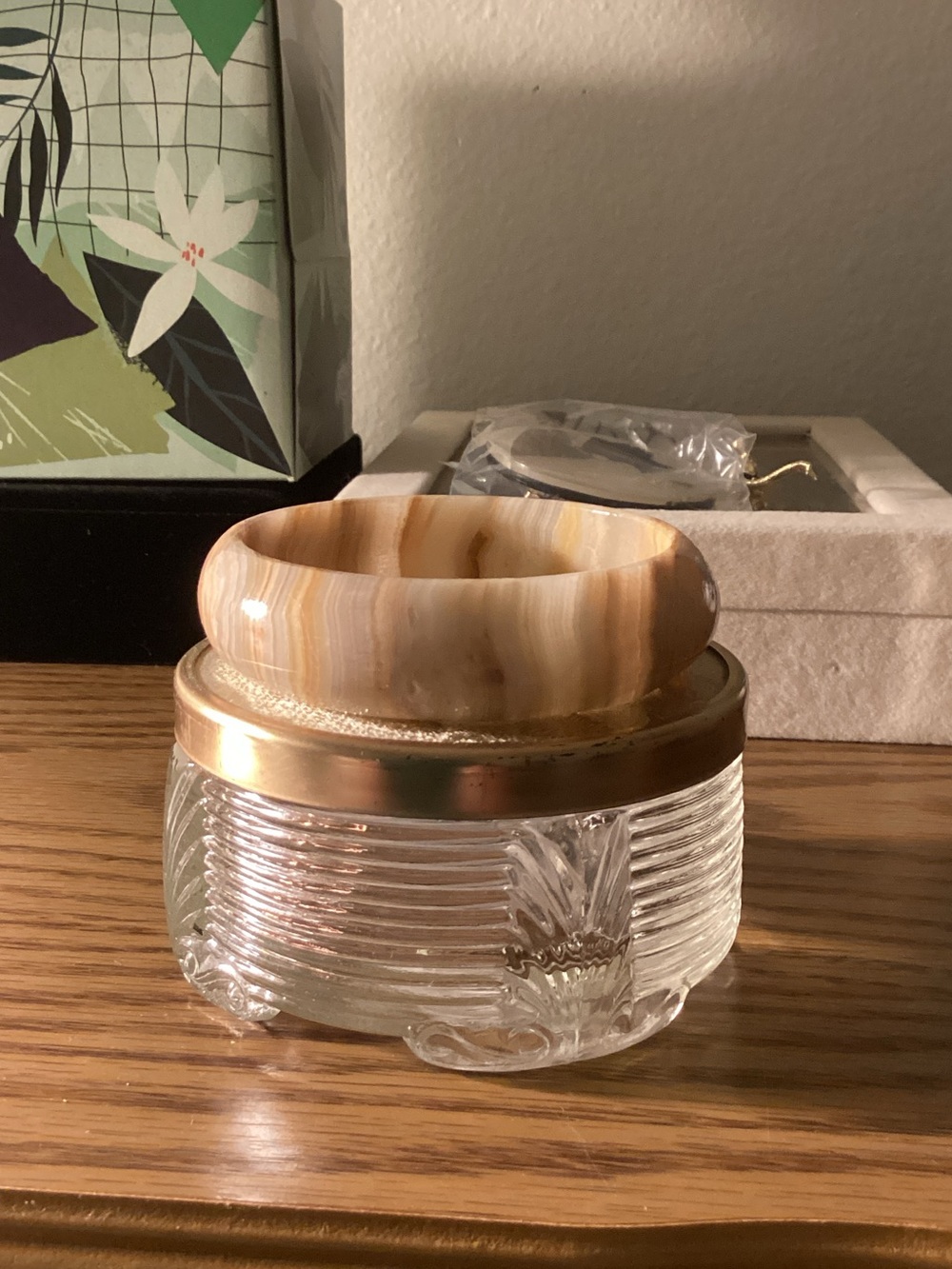 Glass Trinket Jar with Cream and Gold Onyx Lid - Home Accents